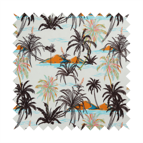 Fabric featuring a vintage-inspired tropical pattern with dark brown line-art palm trees, colourful pastel palm trees, and small orange islands against an off-white background.