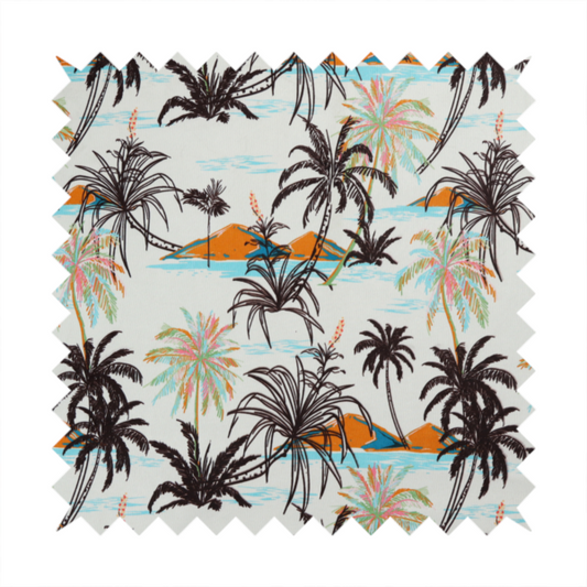 Fabric featuring a vintage-inspired tropical pattern with dark brown line-art palm trees, colourful pastel palm trees, and small orange islands against an off-white background.