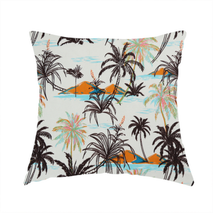 The fabric used to create this handmade cushion is a vintage-inspired tropical pattern with dark brown line-art palm trees, colourful pastel palm trees, and small orange islands against an off-white background.