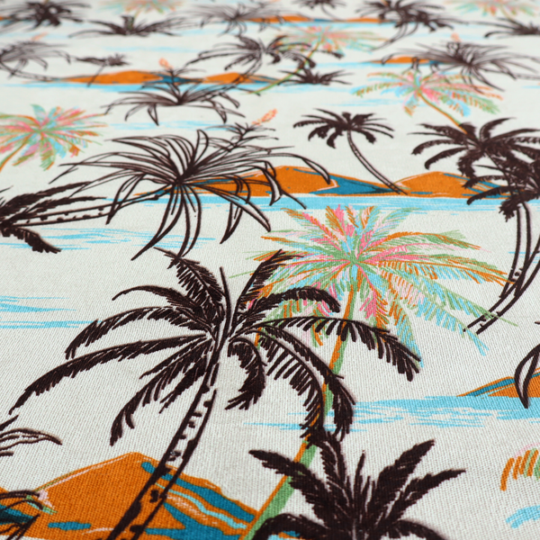 Fabric featuring a vintage-inspired tropical pattern with dark brown line-art palm trees, colourful pastel palm trees, and small orange islands against an off-white background.