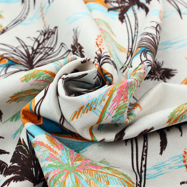 Fabric featuring a vintage-inspired tropical pattern with dark brown line-art palm trees, colourful pastel palm trees, and small orange islands against an off-white background.