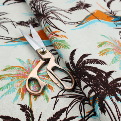 Fabric featuring a vintage-inspired tropical pattern with dark brown line-art palm trees, colourful pastel palm trees, and small orange islands against an off-white background.