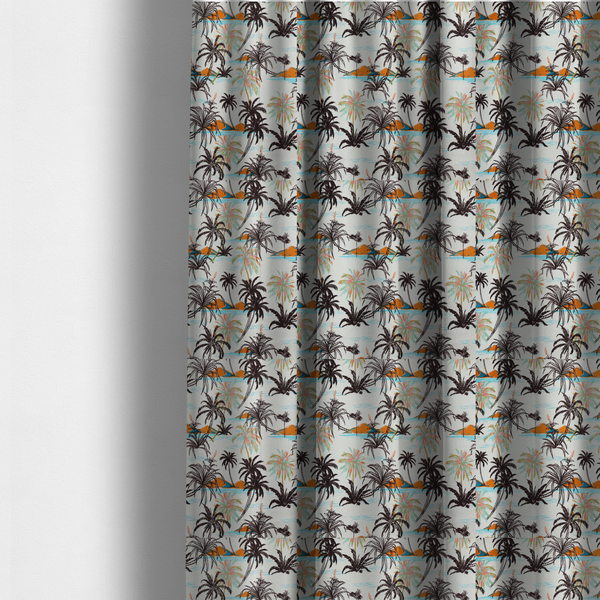 The fabric used to create these made-to-measure curtains is a vintage-inspired tropical pattern with dark brown line-art palm trees, colourful pastel palm trees, and small orange islands against an off-white background.
