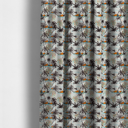 The fabric used to create these made-to-measure curtains is a vintage-inspired tropical pattern with dark brown line-art palm trees, colourful pastel palm trees, and small orange islands against an off-white background.