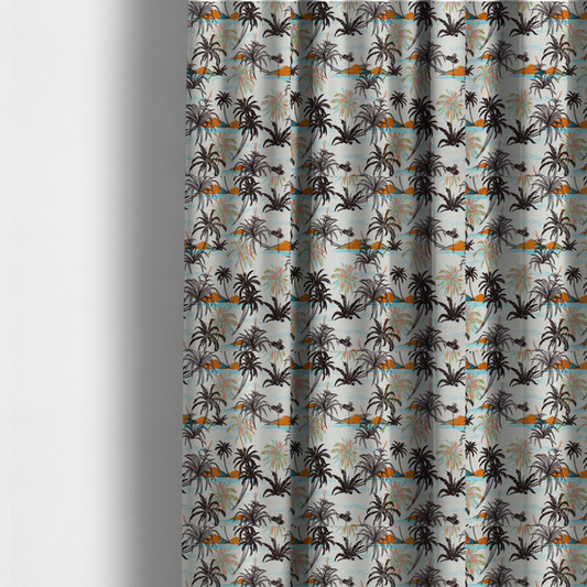 The fabric used to create these made-to-measure curtains is a vintage-inspired tropical pattern with dark brown line-art palm trees, colourful pastel palm trees, and small orange islands against an off-white background.