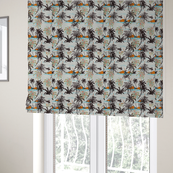 The fabric used to create these Roman blinds is a vintage-inspired tropical pattern with dark brown line-art palm trees, colourful pastel palm trees, and small orange islands against an off-white background.