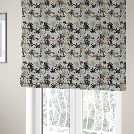 The fabric used to create these Roman blinds is a vintage-inspired tropical pattern with dark brown line-art palm trees, colourful pastel palm trees, and small orange islands against an off-white background.