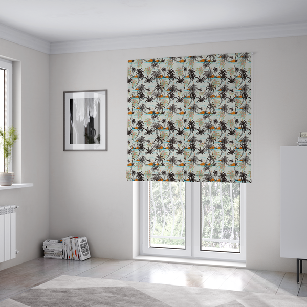 The fabric used to create these Roman blinds is a vintage-inspired tropical pattern with dark brown line-art palm trees, colourful pastel palm trees, and small orange islands against an off-white background.