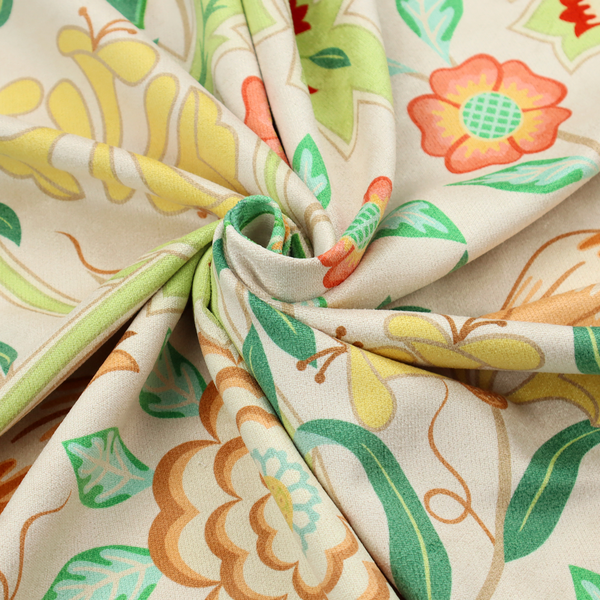An Arts and Crafts style botanical fabric pattern set against a cream-colored background. The heritage design features winding beige vines interwoven with large, stylized acanthus leaves in soft sage and lime greens.