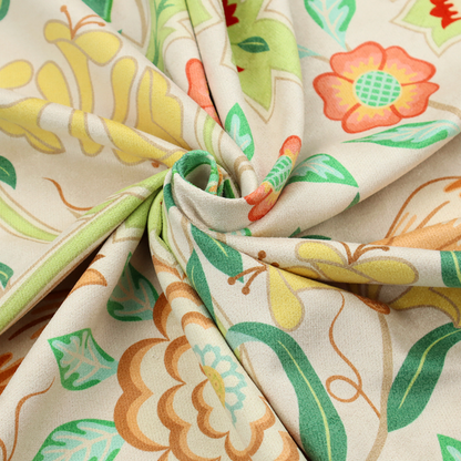An Arts and Crafts style botanical fabric pattern set against a cream-colored background. The heritage design features winding beige vines interwoven with large, stylized acanthus leaves in soft sage and lime greens.
