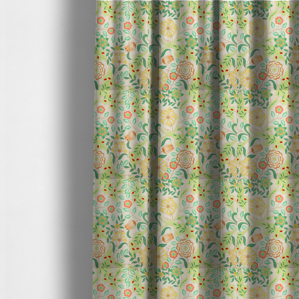 The fabric used to create these made-to-measure curtains is a Arts and Crafts style botanical fabric pattern set against a cream-colored background. The heritage design features winding beige vines interwoven with large, stylized acanthus leaves in soft sage and lime greens.