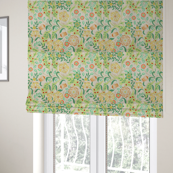 The fabric used to create these Roman blinds is a Arts and Crafts style botanical fabric pattern set against a cream-colored background. The heritage design features winding beige vines interwoven with large, stylized acanthus leaves in soft sage and lime greens.