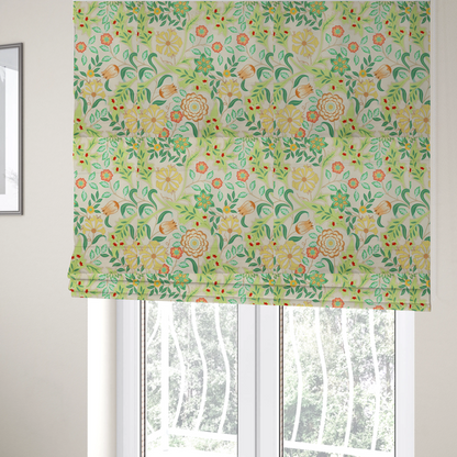 The fabric used to create these Roman blinds is a Arts and Crafts style botanical fabric pattern set against a cream-colored background. The heritage design features winding beige vines interwoven with large, stylized acanthus leaves in soft sage and lime greens.