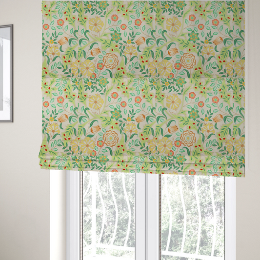 The fabric used to create these Roman blinds is a Arts and Crafts style botanical fabric pattern set against a cream-colored background. The heritage design features winding beige vines interwoven with large, stylized acanthus leaves in soft sage and lime greens.