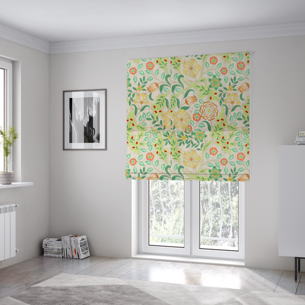 The fabric used to create these Roman blinds is a Arts and Crafts style botanical fabric pattern set against a cream-colored background. The heritage design features winding beige vines interwoven with large, stylized acanthus leaves in soft sage and lime greens.