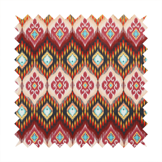 A vibrant, ornate ikat fabric pattern featuring rows of decorative diamond emblems, flame-like borders, and intricate scrollwork motifs in red, black, beige, and turquoise.