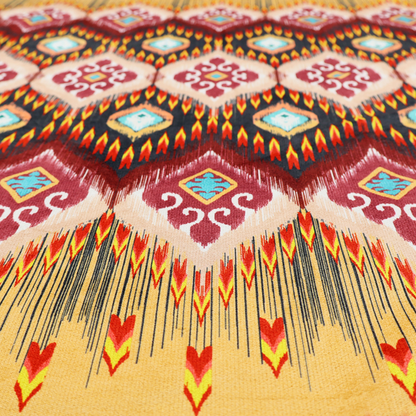 A vibrant, ornate ikat fabric pattern featuring rows of decorative diamond emblems, flame-like borders, and intricate scrollwork motifs in red, black, beige, and turquoise.