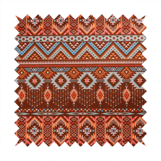 A brown fabric pattern featuring southwest-inspired geometric bands with zigzags, diamonds, and native-style motifs in terracotta, light blue, and cream.