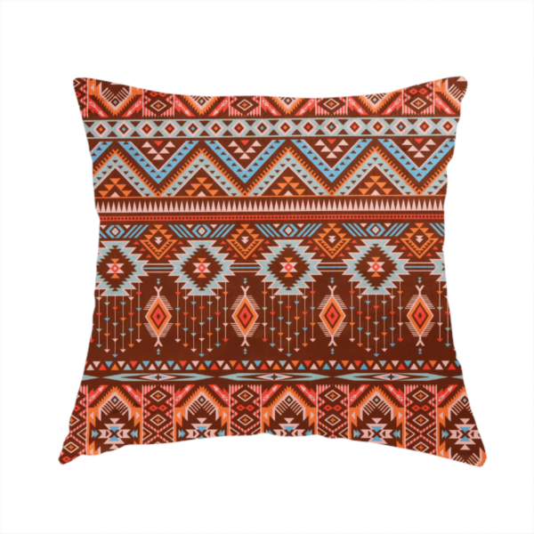 The fabric used to create this handmade cushion is a brown fabric pattern featuring southwest-inspired geometric bands with zigzags, diamonds, and native-style motifs in terracotta, light blue, and cream.