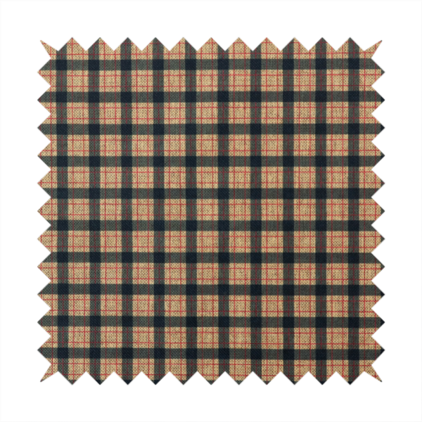 A rustic plaid fabric pattern featuring a grid of intersecting navy blue and tan stripes with thin red accent lines.