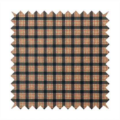 A rustic plaid fabric pattern featuring a grid of intersecting navy blue and tan stripes with thin red accent lines.
