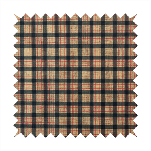 A rustic plaid fabric pattern featuring a grid of intersecting navy blue and tan stripes with thin red accent lines.