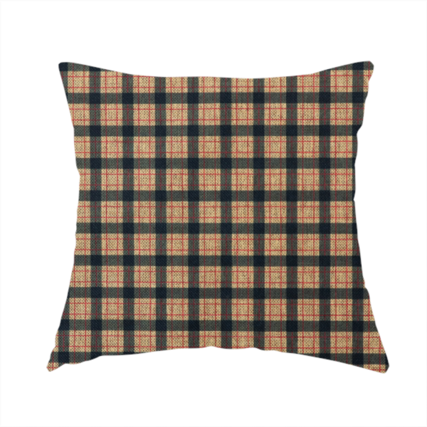 The fabric used to create this handmade cushion is a rustic plaid fabric pattern featuring a grid of intersecting navy blue and tan stripes with thin red accent lines.