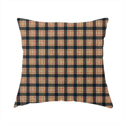 The fabric used to create this handmade cushion is a rustic plaid fabric pattern featuring a grid of intersecting navy blue and tan stripes with thin red accent lines.