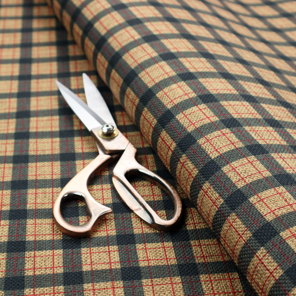 A rustic plaid fabric pattern featuring a grid of intersecting navy blue and tan stripes with thin red accent lines.