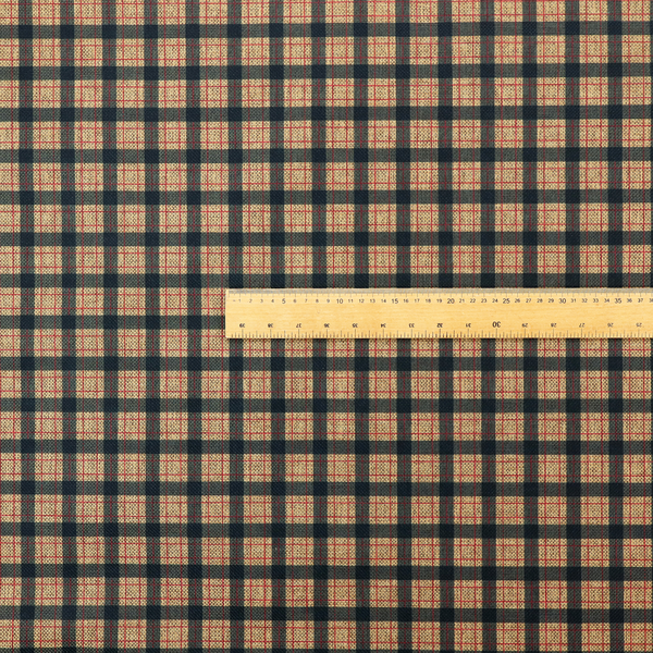 A rustic plaid fabric pattern featuring a grid of intersecting navy blue and tan stripes with thin red accent lines.