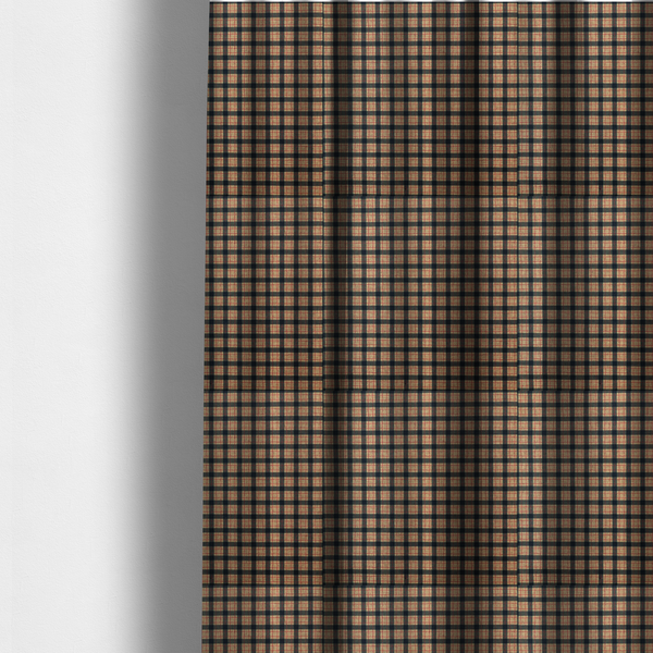 The fabric used to create these made to measure curtains is a rustic plaid fabric pattern featuring a grid of intersecting navy blue and tan stripes with thin red accent lines.