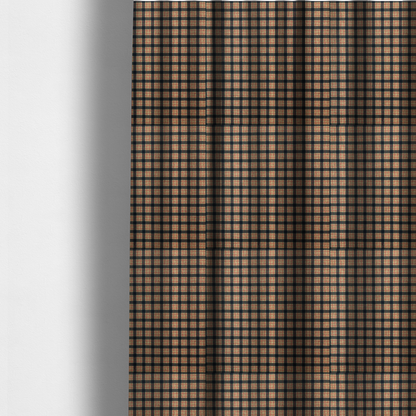 The fabric used to create these made to measure curtains is a rustic plaid fabric pattern featuring a grid of intersecting navy blue and tan stripes with thin red accent lines.