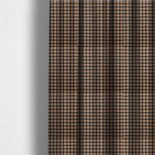 The fabric used to create these made to measure curtains is a rustic plaid fabric pattern featuring a grid of intersecting navy blue and tan stripes with thin red accent lines.