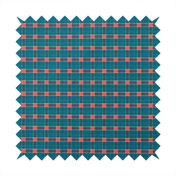 A rich teal plaid fabric pattern featuring a dense grid of intersecting dark blue and thin yellow stripes with bright red square accents.