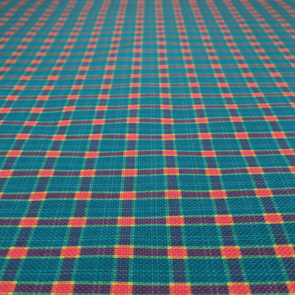A rich teal plaid fabric pattern featuring a dense grid of intersecting dark blue and thin yellow stripes with bright red square accents.