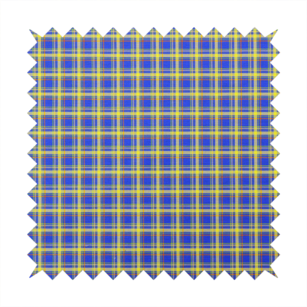A bright blue plaid fabric pattern featuring a tight, repeating grid of intersecting yellow stripes and thin orange accent lines.