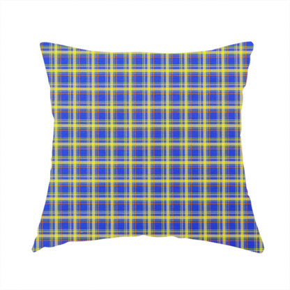 The fabric used to create this handmade cushion is a bright blue plaid fabric pattern featuring a tight, repeating grid of intersecting yellow stripes and thin orange accent lines.