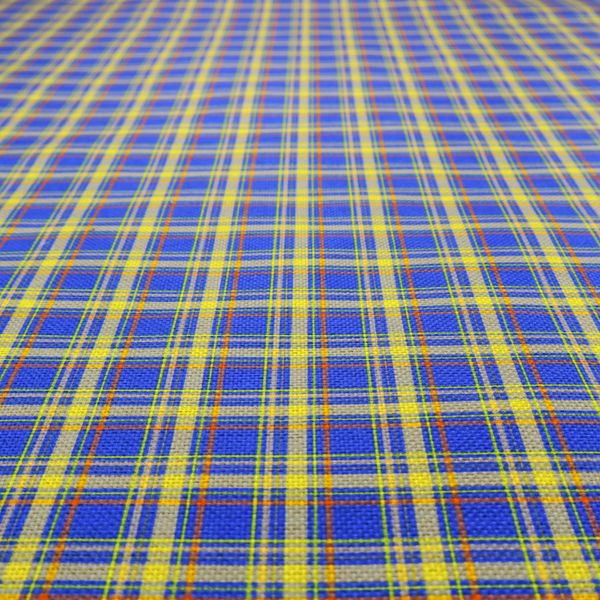 A bright blue plaid fabric pattern featuring a tight, repeating grid of intersecting yellow stripes and thin orange accent lines.