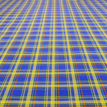 A bright blue plaid fabric pattern featuring a tight, repeating grid of intersecting yellow stripes and thin orange accent lines.