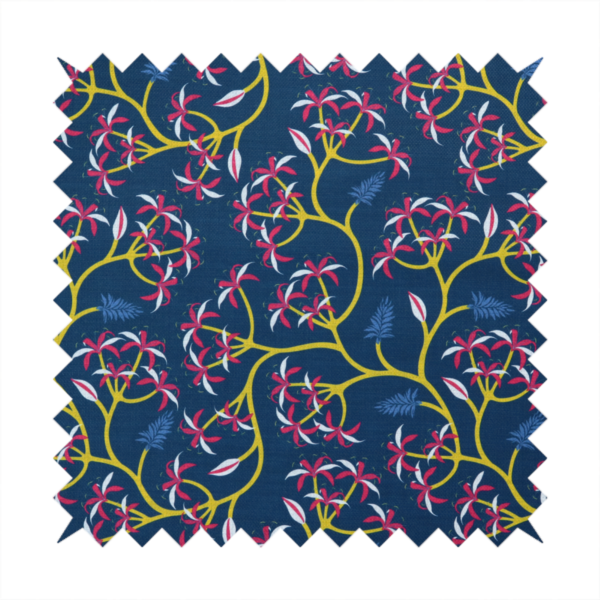 A deep blue fabric pattern featuring a winding trail of bright yellow vines accented with clusters of pink and white flowers and blue fern leaves.