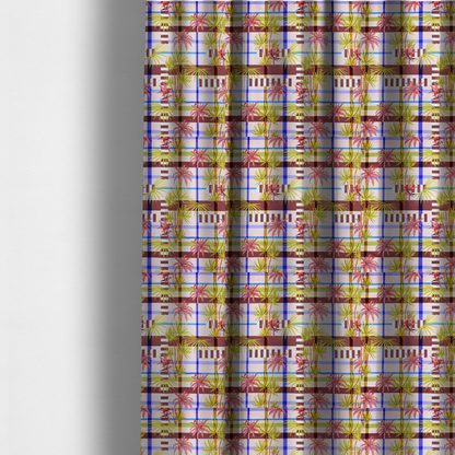 The fabric used to create these made-to-measure curtains is a eclectic, geometric tropical fabric pattern featuring a unique overlay design. The background is a structured windowpane plaid layout composed of intersecting lines in cobalt blue, olive green, and chocolate brown across a dusty pink base. Layered over this grid is a repeating botanical print of tropical plants, featuring fan palms in lime green and slender fronds in terracotta pink.
