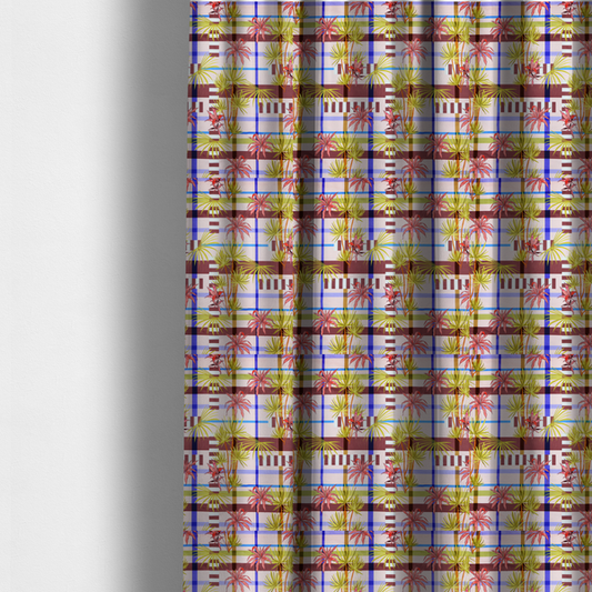 The fabric used to create these made-to-measure curtains is a eclectic, geometric tropical fabric pattern featuring a unique overlay design. The background is a structured windowpane plaid layout composed of intersecting lines in cobalt blue, olive green, and chocolate brown across a dusty pink base. Layered over this grid is a repeating botanical print of tropical plants, featuring fan palms in lime green and slender fronds in terracotta pink.