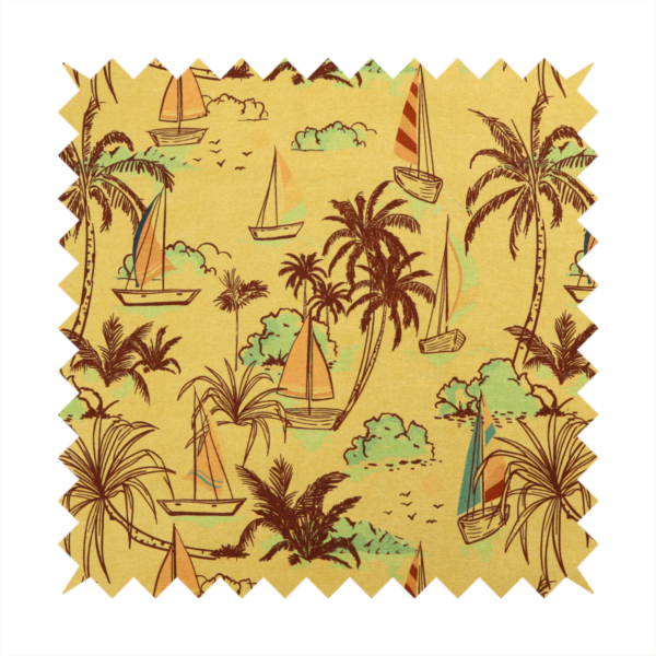 A vintage Hawaiian-style fabric pattern with a warm mustard yellow backdrop. The repeating pattern features a retro sketch-style illustration of a tropical beach resort scene. Slender, curved palm trees drawn in dark chocolate brown line work populate the landscape alongside soft mint green bushes and distant mountains.