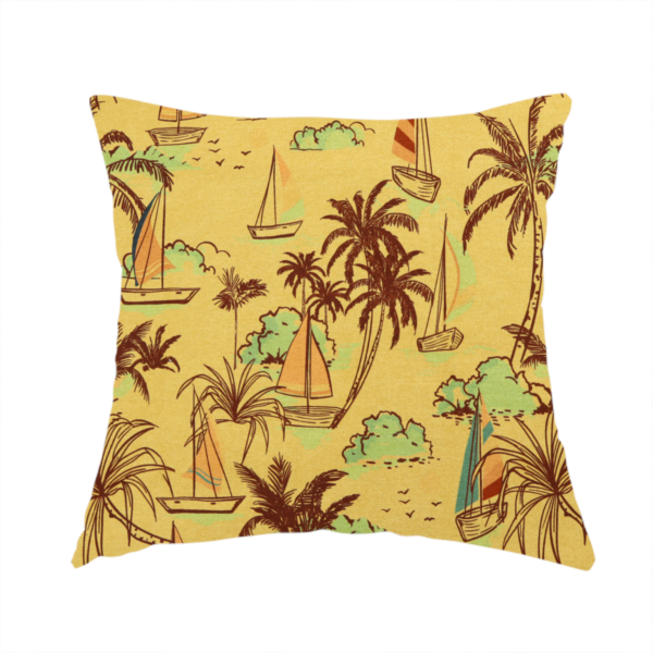 the fabric used to create this handmade cushion is a vintage Hawaiian-style fabric pattern with a warm mustard yellow backdrop. The repeating pattern features a retro sketch-style illustration of a tropical beach resort scene. Slender, curved palm trees drawn in dark chocolate brown line work populate the landscape alongside soft mint green bushes and distant mountains.