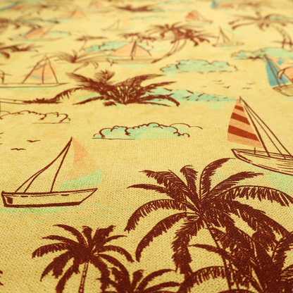 A vintage Hawaiian-style fabric pattern with a warm mustard yellow backdrop. The repeating pattern features a retro sketch-style illustration of a tropical beach resort scene. Slender, curved palm trees drawn in dark chocolate brown line work populate the landscape alongside soft mint green bushes and distant mountains.