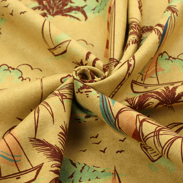 A vintage Hawaiian-style fabric pattern with a warm mustard yellow backdrop. The repeating pattern features a retro sketch-style illustration of a tropical beach resort scene. Slender, curved palm trees drawn in dark chocolate brown line work populate the landscape alongside soft mint green bushes and distant mountains.