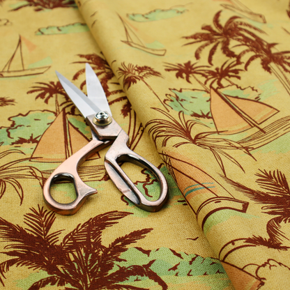 A vintage Hawaiian-style fabric pattern with a warm mustard yellow backdrop. The repeating pattern features a retro sketch-style illustration of a tropical beach resort scene. Slender, curved palm trees drawn in dark chocolate brown line work populate the landscape alongside soft mint green bushes and distant mountains.