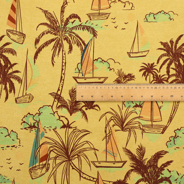 A vintage Hawaiian-style fabric pattern with a warm mustard yellow backdrop. The repeating pattern features a retro sketch-style illustration of a tropical beach resort scene. Slender, curved palm trees drawn in dark chocolate brown line work populate the landscape alongside soft mint green bushes and distant mountains.
