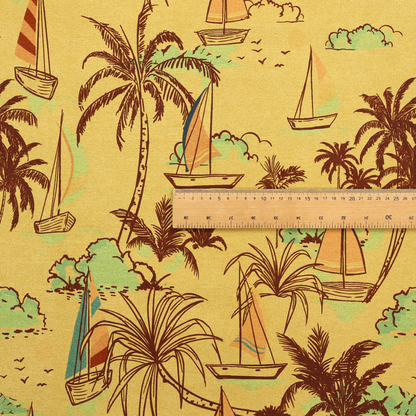 A vintage Hawaiian-style fabric pattern with a warm mustard yellow backdrop. The repeating pattern features a retro sketch-style illustration of a tropical beach resort scene. Slender, curved palm trees drawn in dark chocolate brown line work populate the landscape alongside soft mint green bushes and distant mountains.