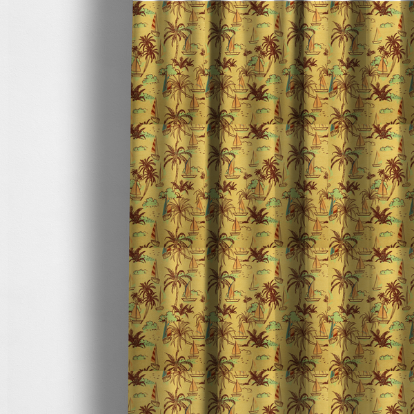 The fabric used to create these made-to-measure curtains is a vintage Hawaiian-style fabric pattern with a warm mustard yellow backdrop. The repeating pattern features a retro sketch-style illustration of a tropical beach resort scene. Slender, curved palm trees drawn in dark chocolate brown line work populate the landscape alongside soft mint green bushes and distant mountains.